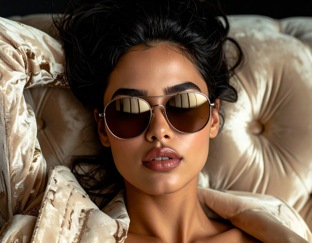 Woman wearing sunglasses lying on a plush beige sofa