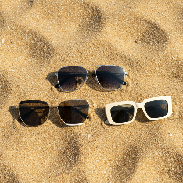 Four pairs of stylish sunglasses placed on sandy beach, including aviator and square-frame designs.