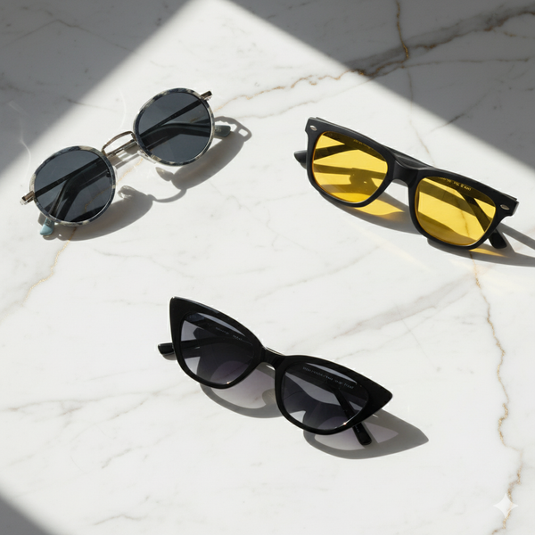Three pairs of sunglasses on a marble surface