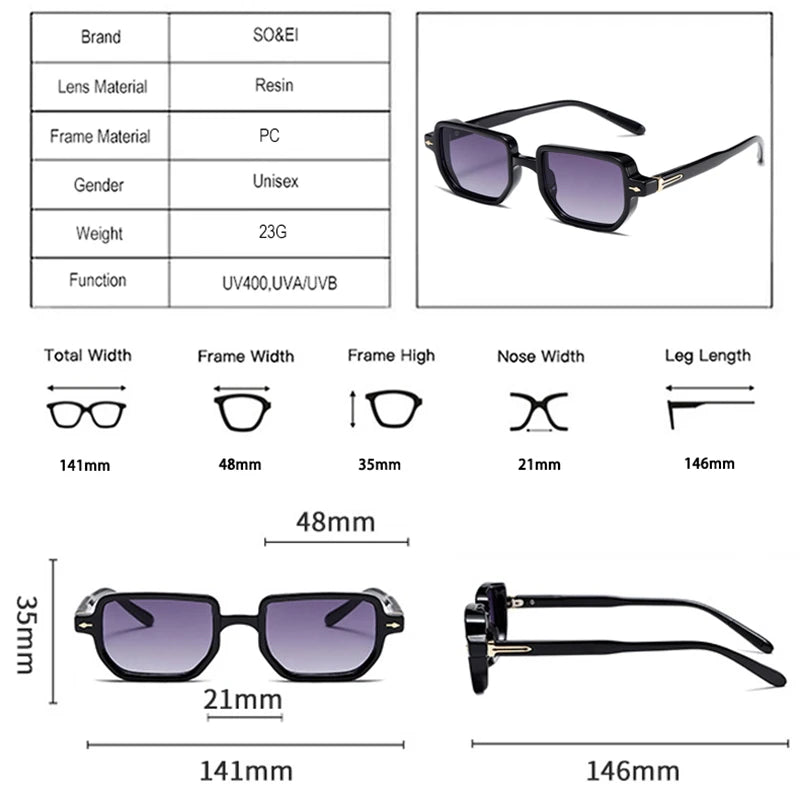 SO&EI Retro Rectangle Rivets Men Punk Gradient Sunglasses Shades UV400